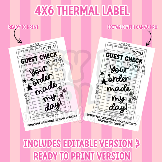 DIGITAL DOWNLOAD: Guest Check 4x6 Thermal Label